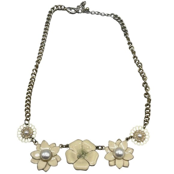 Costume jewelry necklace floral chain foe pearl ivory gold color clasp 19" READ - Picture 1 of 9